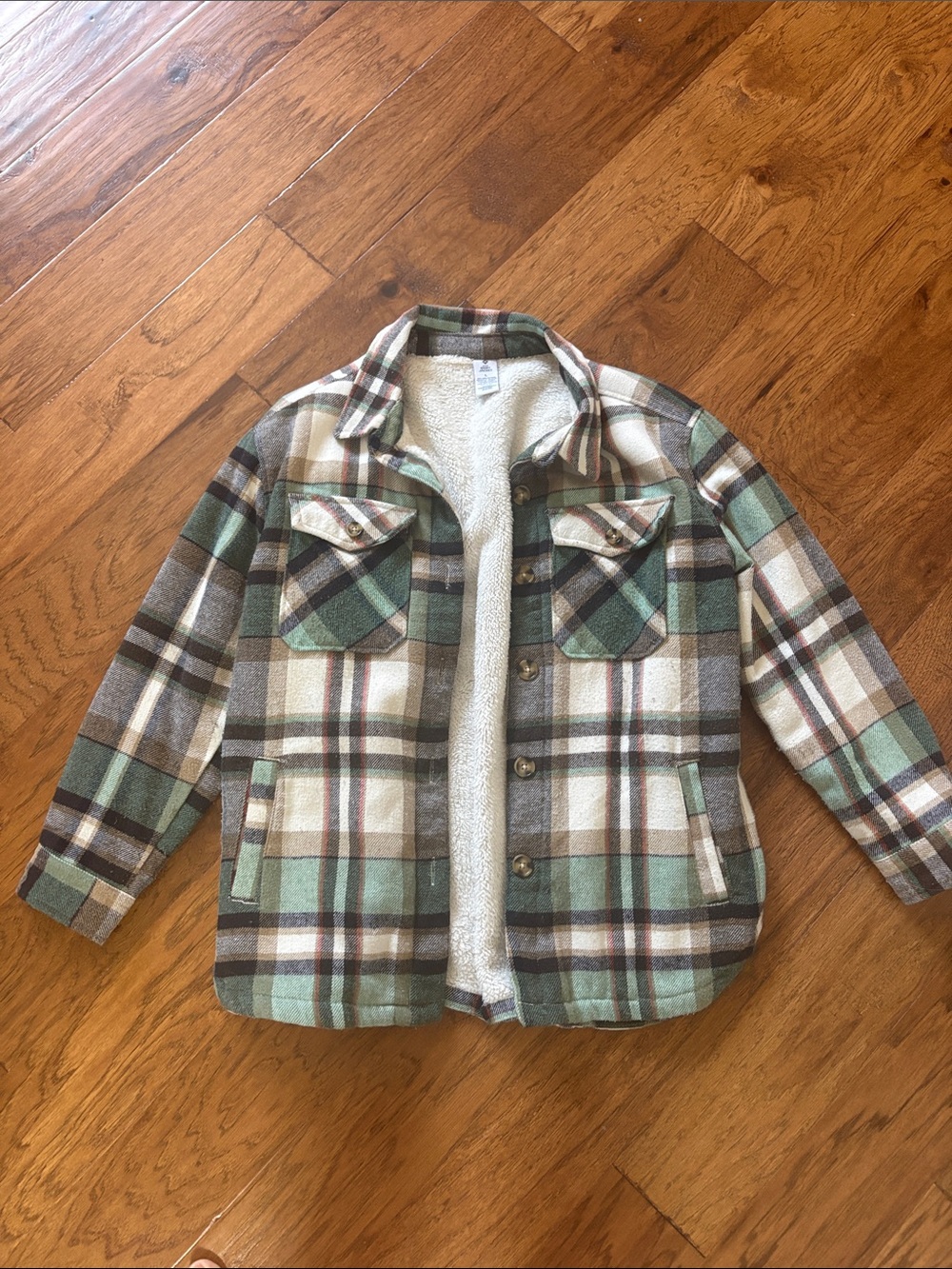 Plaid Sherpa-Lined Shacket Jacket in Green and Cream